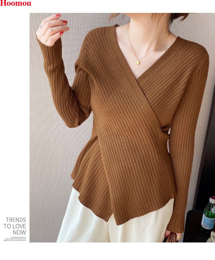 New Korean Womens Cross V-neck Asymmetric Slit Fall Winter Tops Tee Blouse