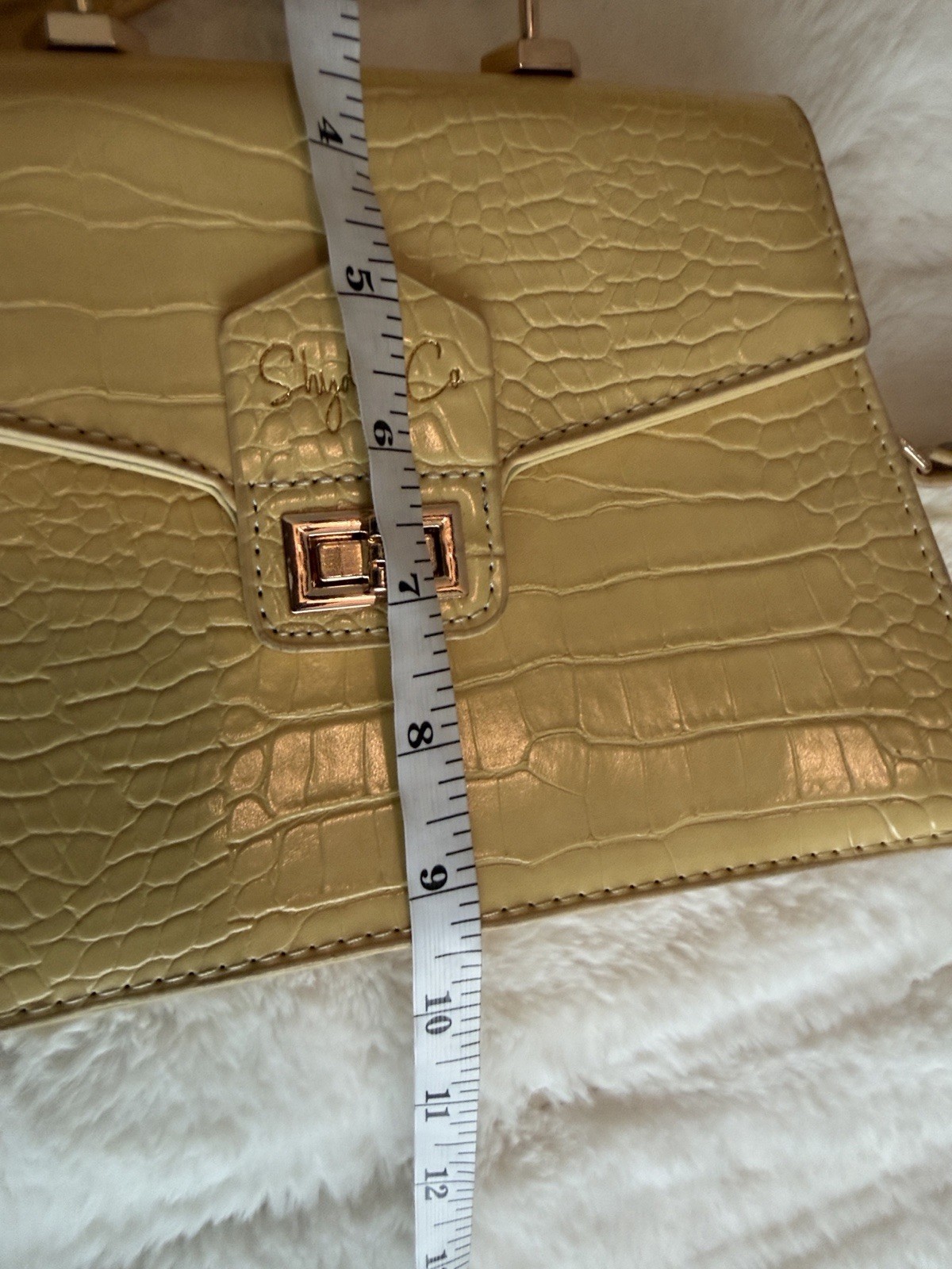 Women’s Yellow Crocodile Embossed Small Satchel Top Handle Turn Lock, Strap