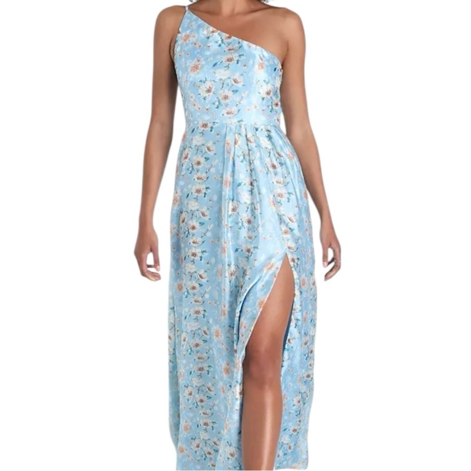 Lulus One-Shoulder Maxi Dress L Bloom Into Love Blue Floral Wedding Party NEW