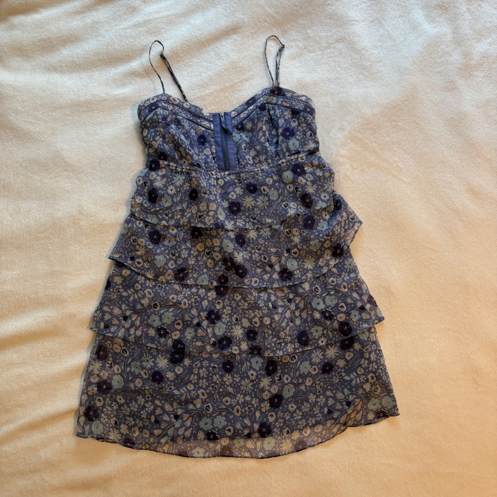 American Eagle Floral Tiered Mini Dress Blue Purple Boho Cottagecore Size 4