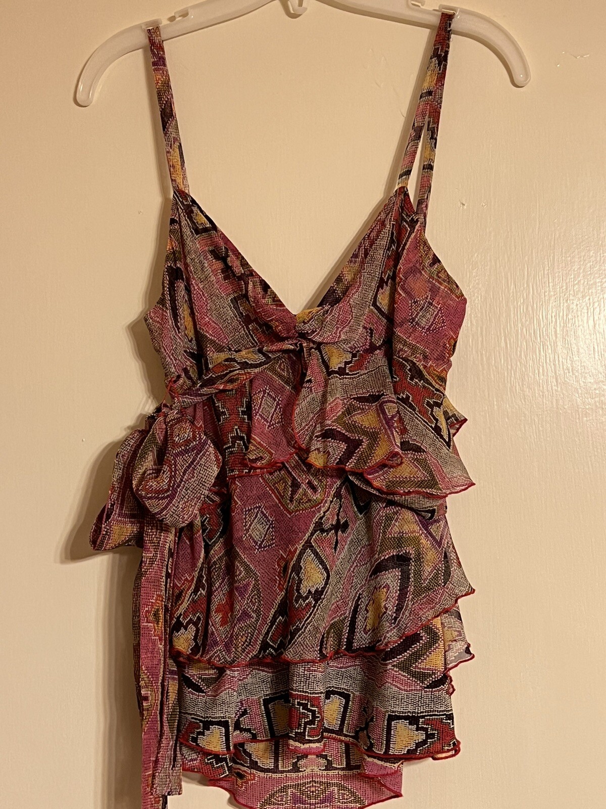Diane Von Furstenburg 100% Silk Ruffle Tie Shirt Blouse Y2K Mosaic Art Womens 4
