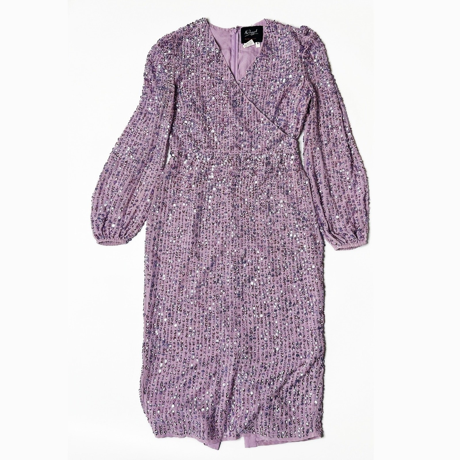Mac Duggal Sequin Illusion Long Puff Sleeve 107641 Evening Tea Length Midi Dress