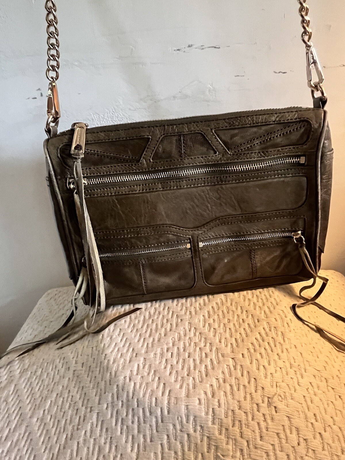 Rebecca Minkoff Tri Zip Mac Crossbody Bag Distressed Leather Kiwi Excellent