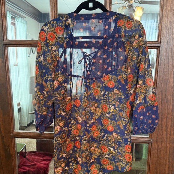 Fig and Flower Navy Blue Floral Lace Up Open Back Sheer Chiffon Boho Blouse M