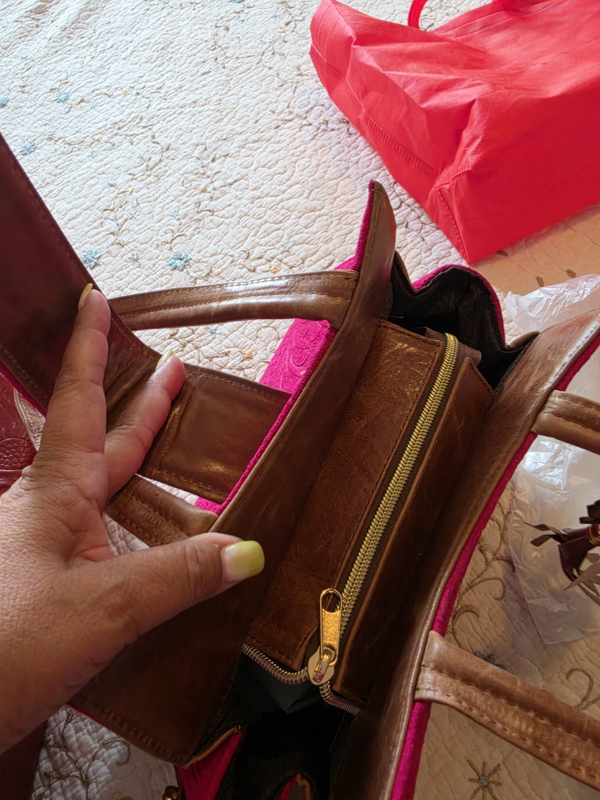 Handcrafted Genuine Leather Tote Bag Hot Pink Embossed Mexican Artisan Purse