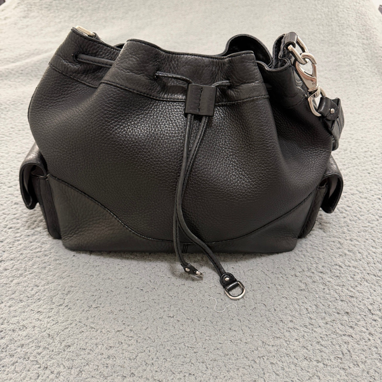 Cole Haan Black Pebbled Leather Drawstring Bucket Bag Shoulder Purse Silver HW