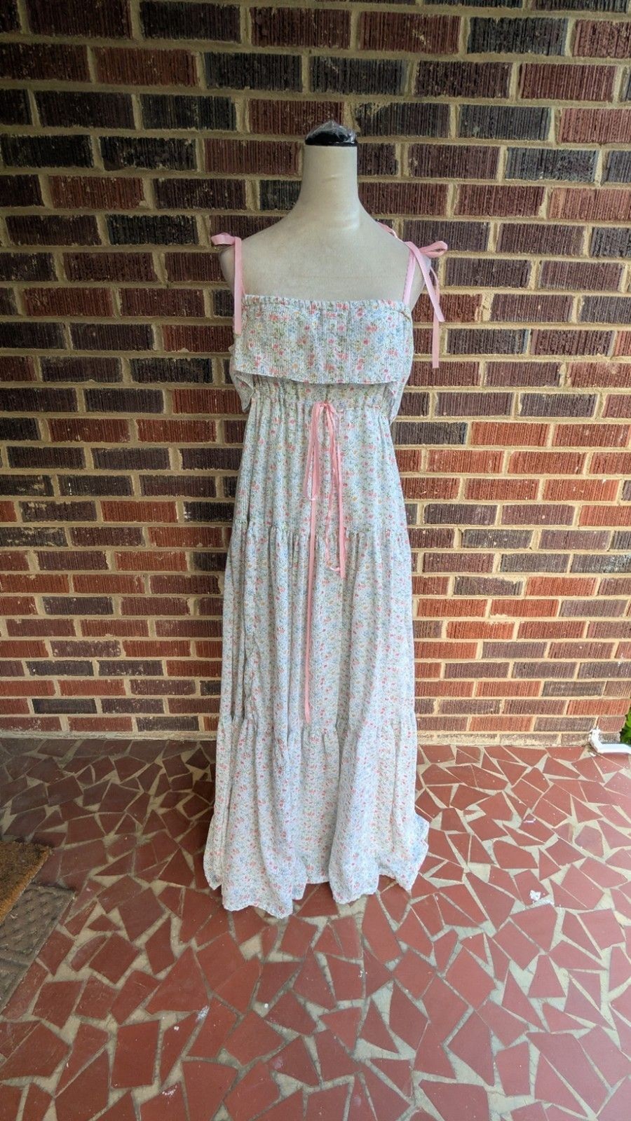 Handmade Floral Maxi Dress-Cottagecore-Ribbon Straps-Ruffle Sundress -One Size