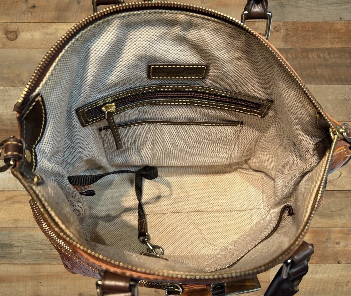 Dooney Bourke Chestnut Brown Ostrich Embossed Leather Front Pocket Satchel Tote