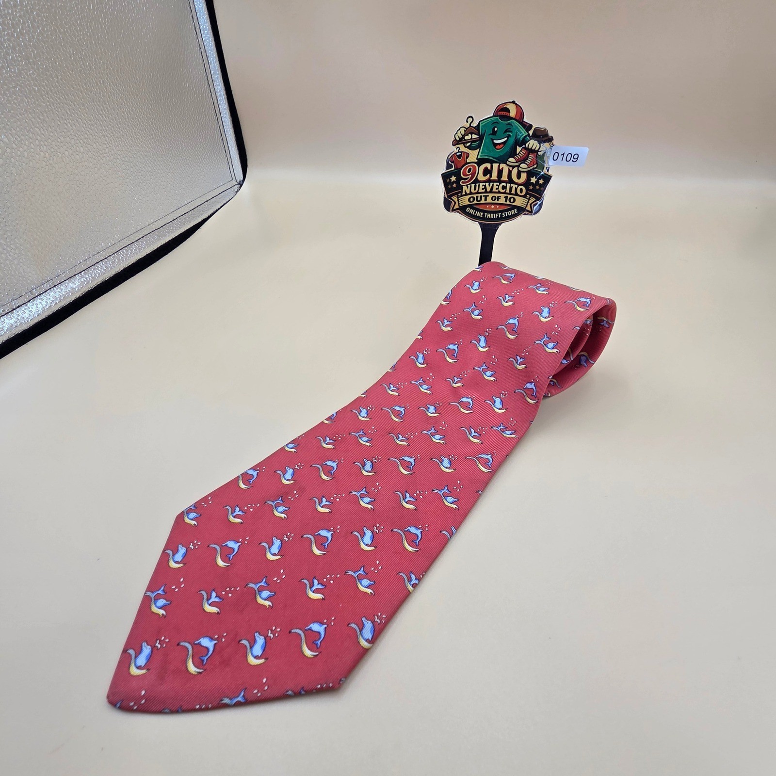 Salvatore Ferragamo Mens Silk Tie Red Blue Dolphin Whale Animal Print Italy 58in