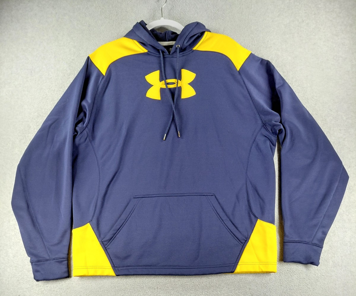 Under Armour Men’s Hoodie Size L Navy Yellow Pullover Sweatshirt Big Logo Hooded