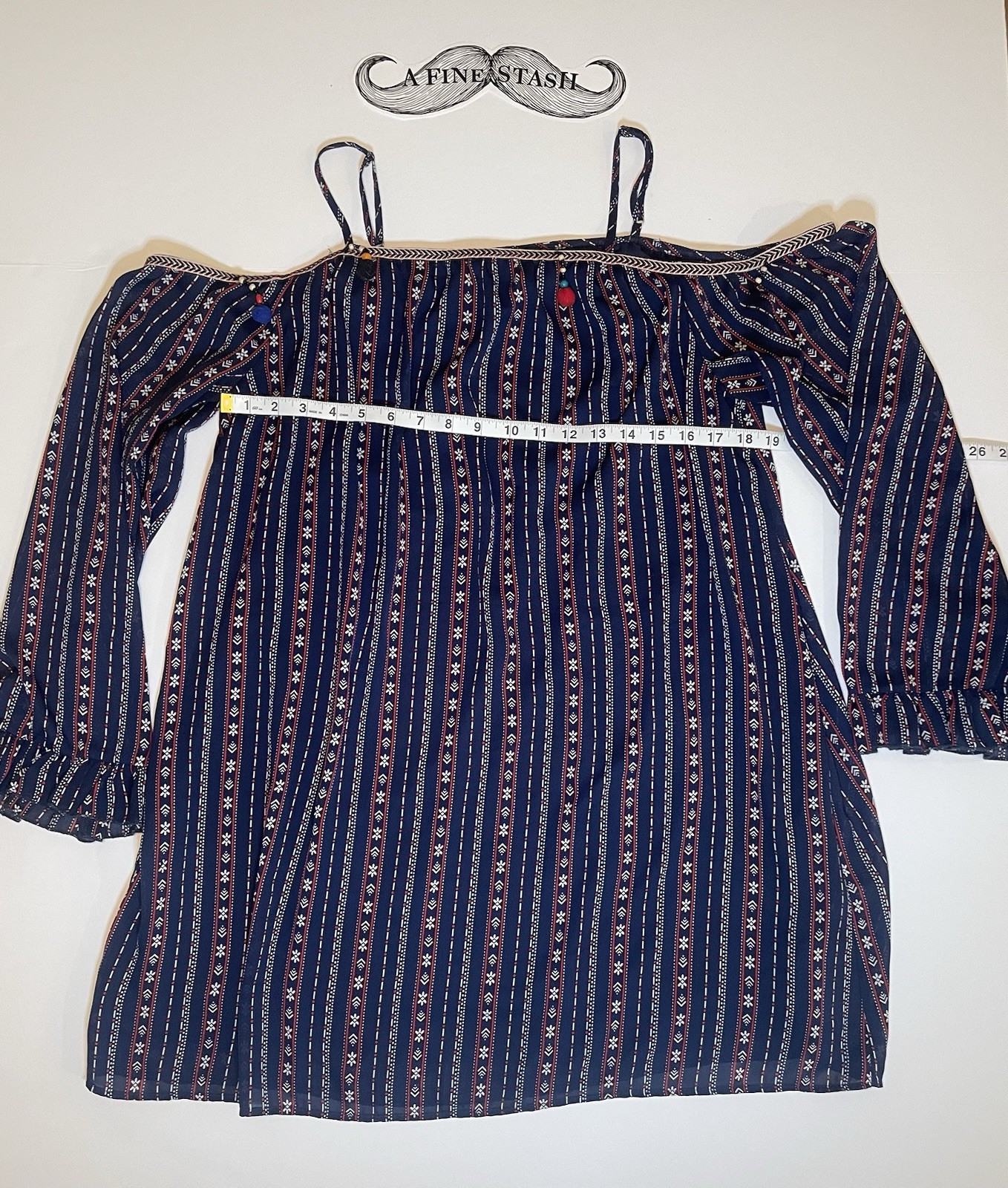 Women’s Very J Cold Shoulder Geometric Blue Boho Tunic Top Sz L