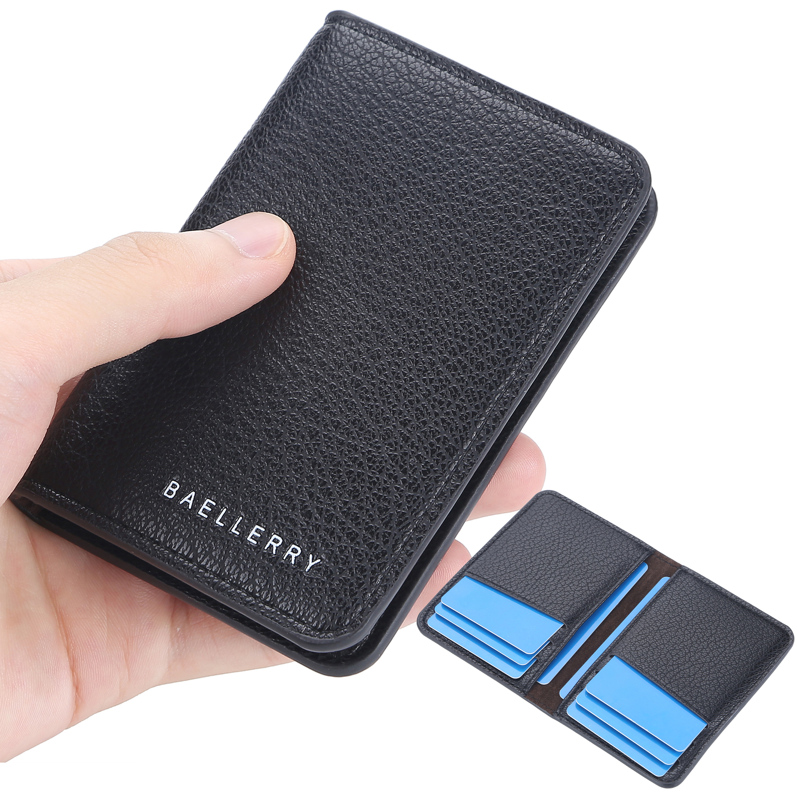 Small Leather Card Holder Slim Wallet Hold 8 Cards Front Pocket Billfold (Black)