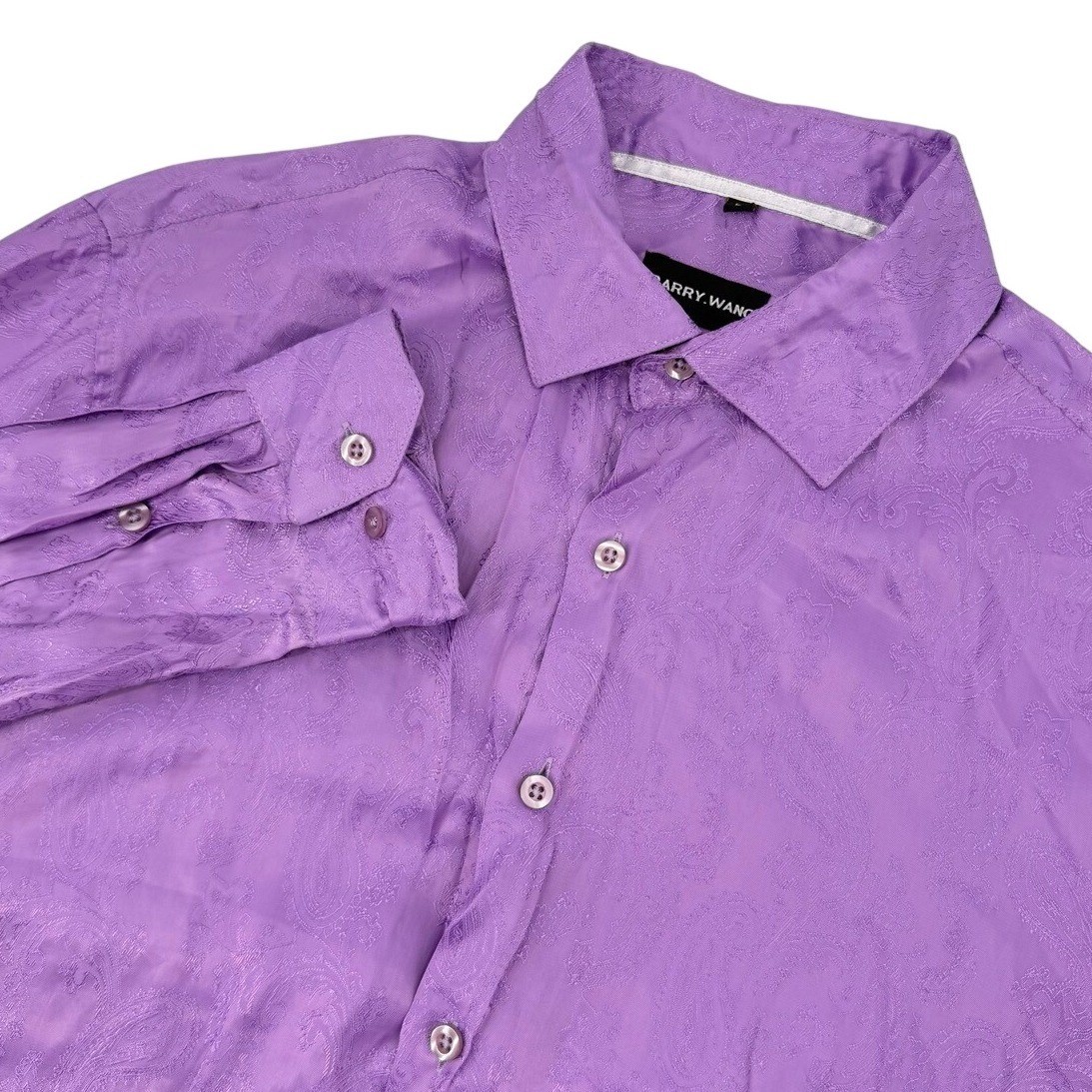 Barry Wang Mens Large Button Down Shirt Long Sleeve Purple Paisley Jacquard