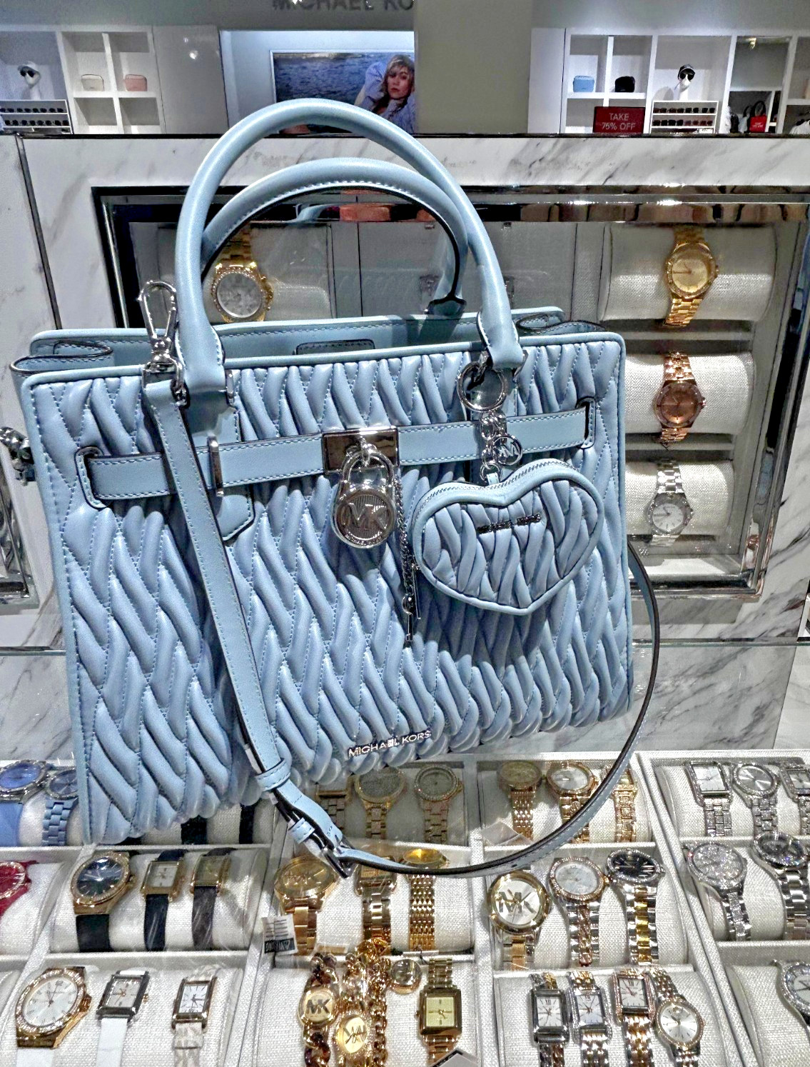Michael Kors Hamilton Women Medium Matelassé Satchel Bag + Coin Purse Pale Ocean