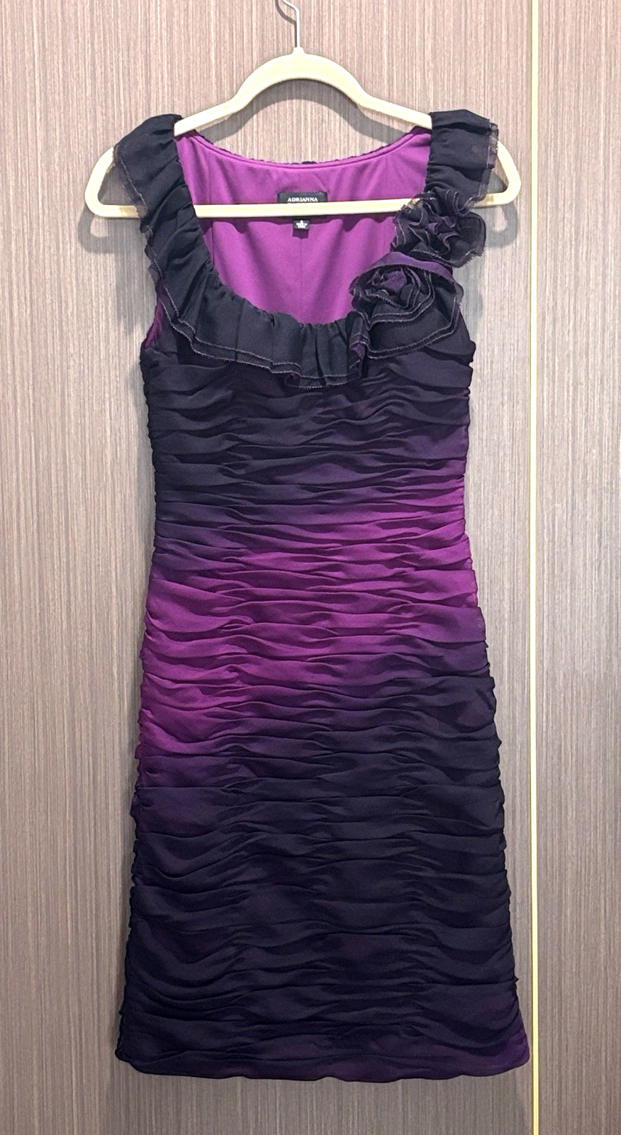 Adrianna Papell Dress 8 Purple Ombre Y2K Ruched Whimsigoth Rosette