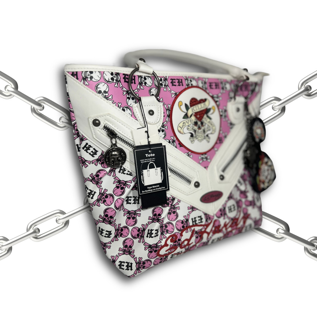 NWT Ed Hardy Pink and White Skull Rhinestone Love Kills Slowly Tote Bag Charm
