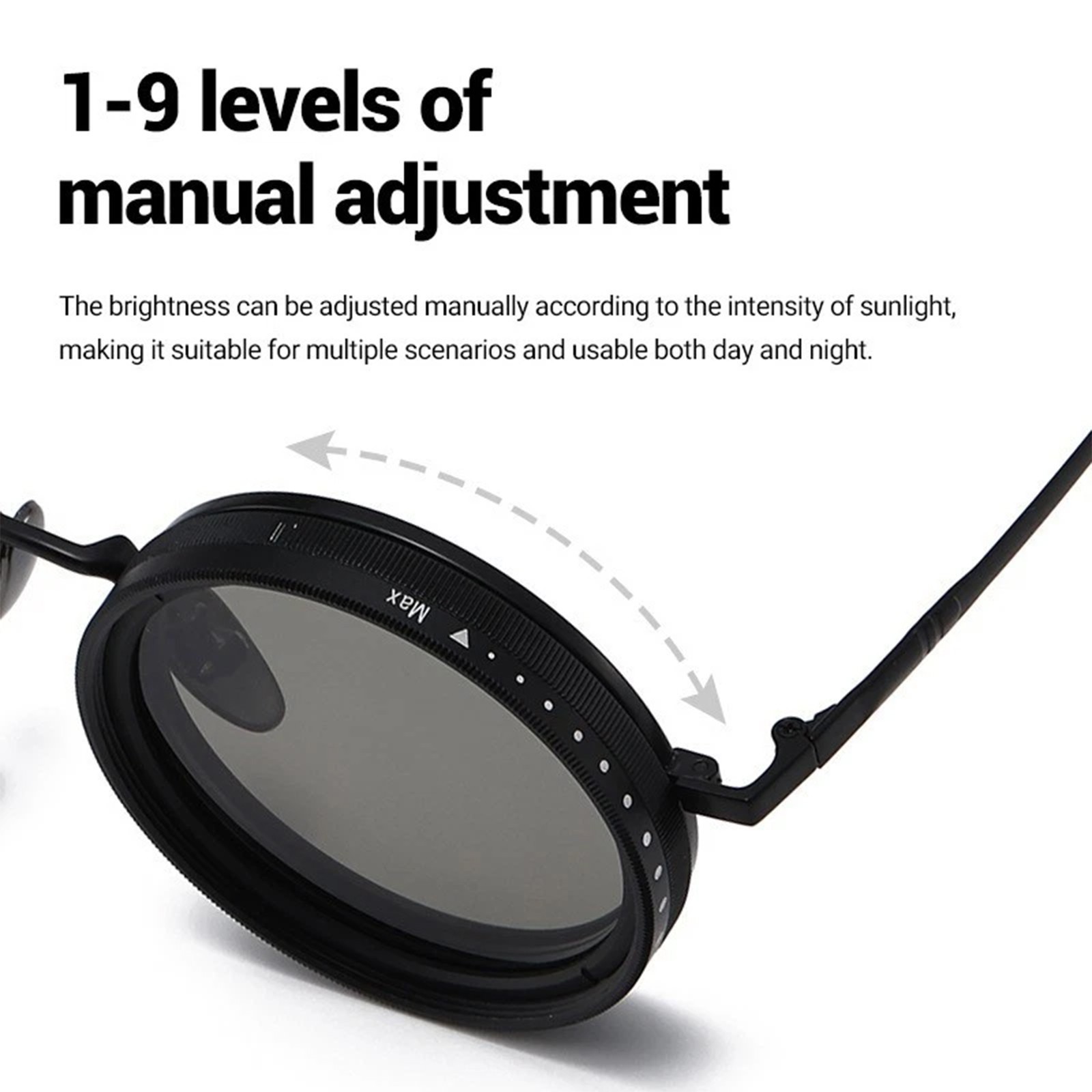 Adjustable Tint Sunglasses, 1-9 Gears Rounded Polarized Glasses with ND Filter
