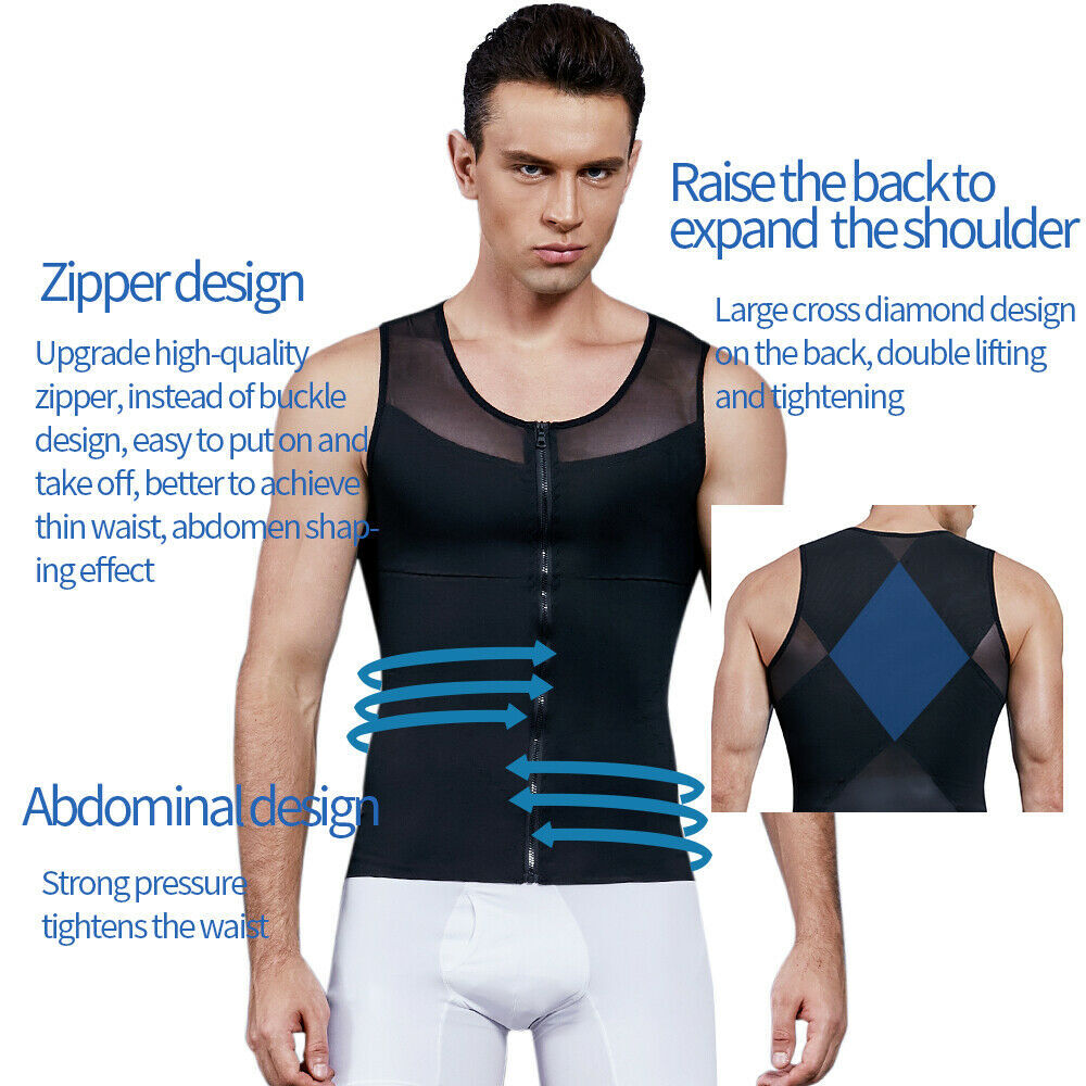 Men Compression Vest Top Body Shaper with Zipper Slimming Shirts Correct Posture