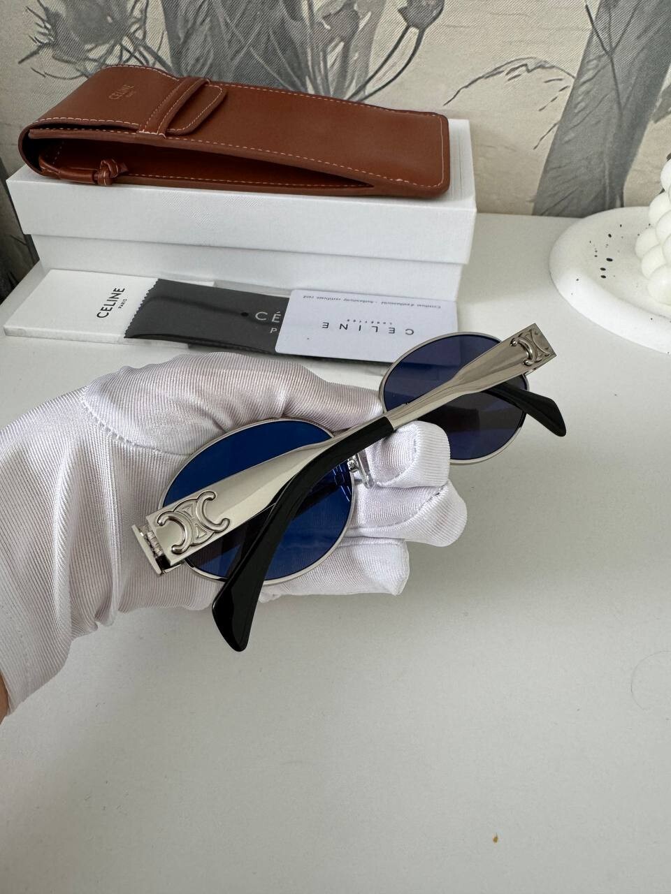 Celine Triomphe Metal Sunglasses, silver, oval