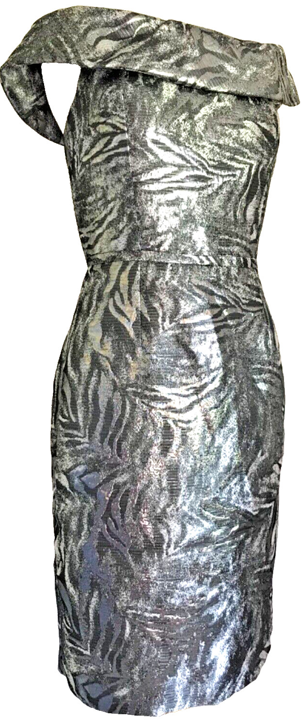 Retro Pinup Dress, Silver Off The Shoulder Cocktail Formal Wedding Lined M/L