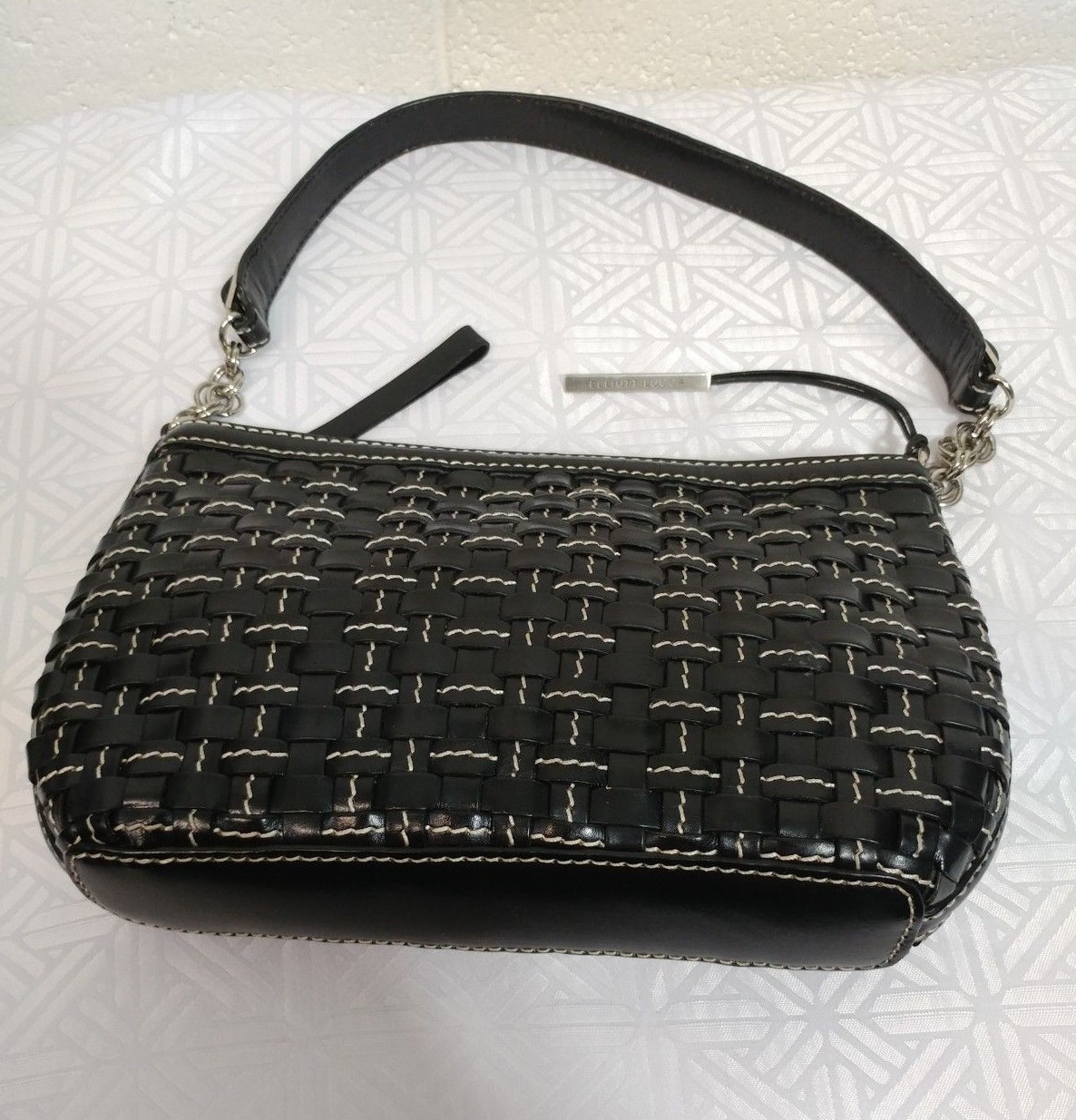 ELLIOTT LUCCA Woven BLACK LEATHER WHITE THREADED PURSE SHOULDER BAG Handbag