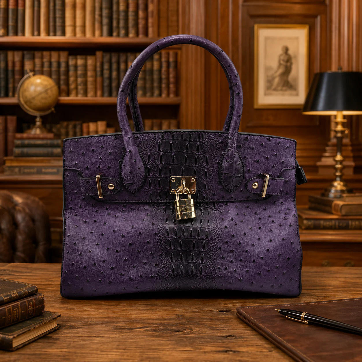 Dasein Ostrich Purple Structured Satchel Handbag with Gold-Tone Lock