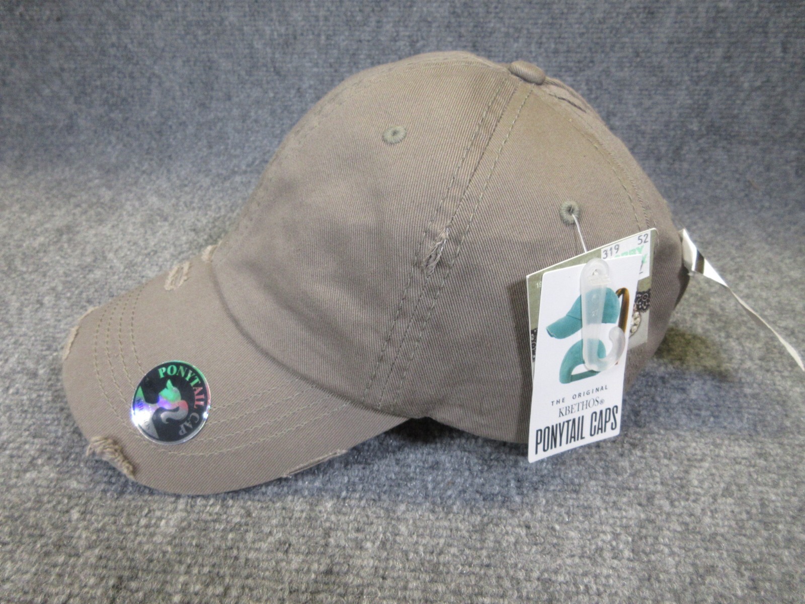 Kbethos Ponytail Hat Cap Hook And Loop Strap Back Gray Distressed Womens NEW NWT