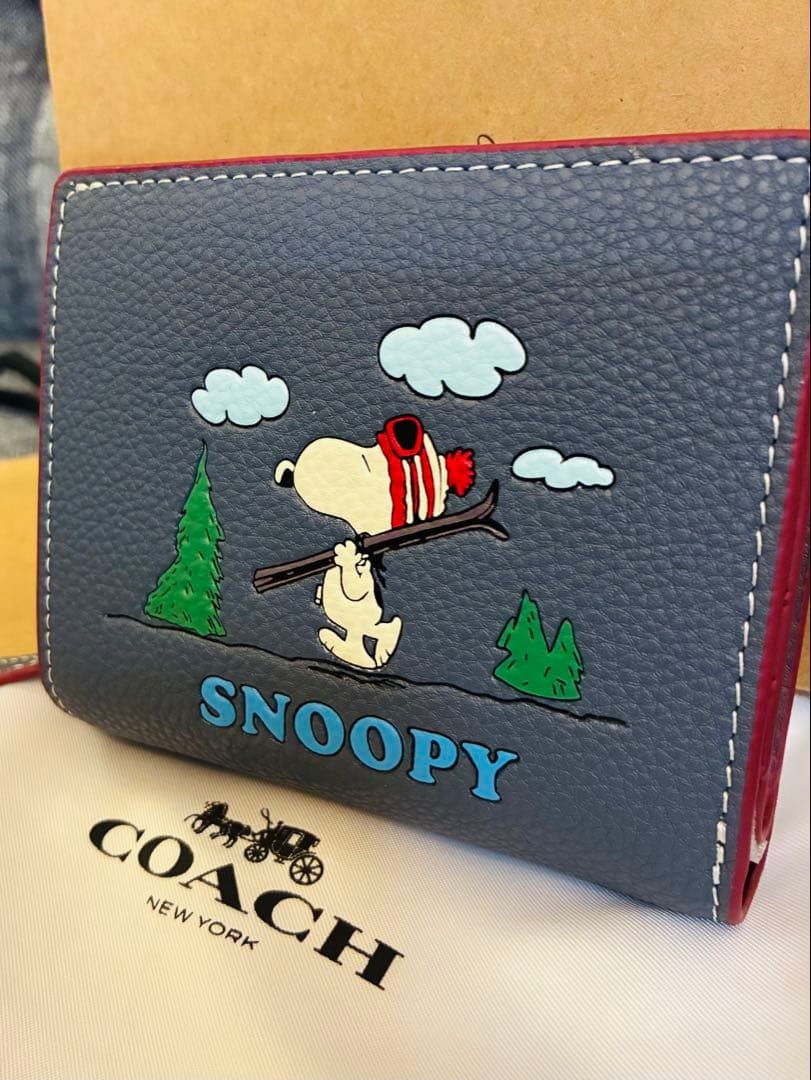 COACH x Peanuts Snoopy Snap Wallet Leather Bifold Wallet Blue Red New