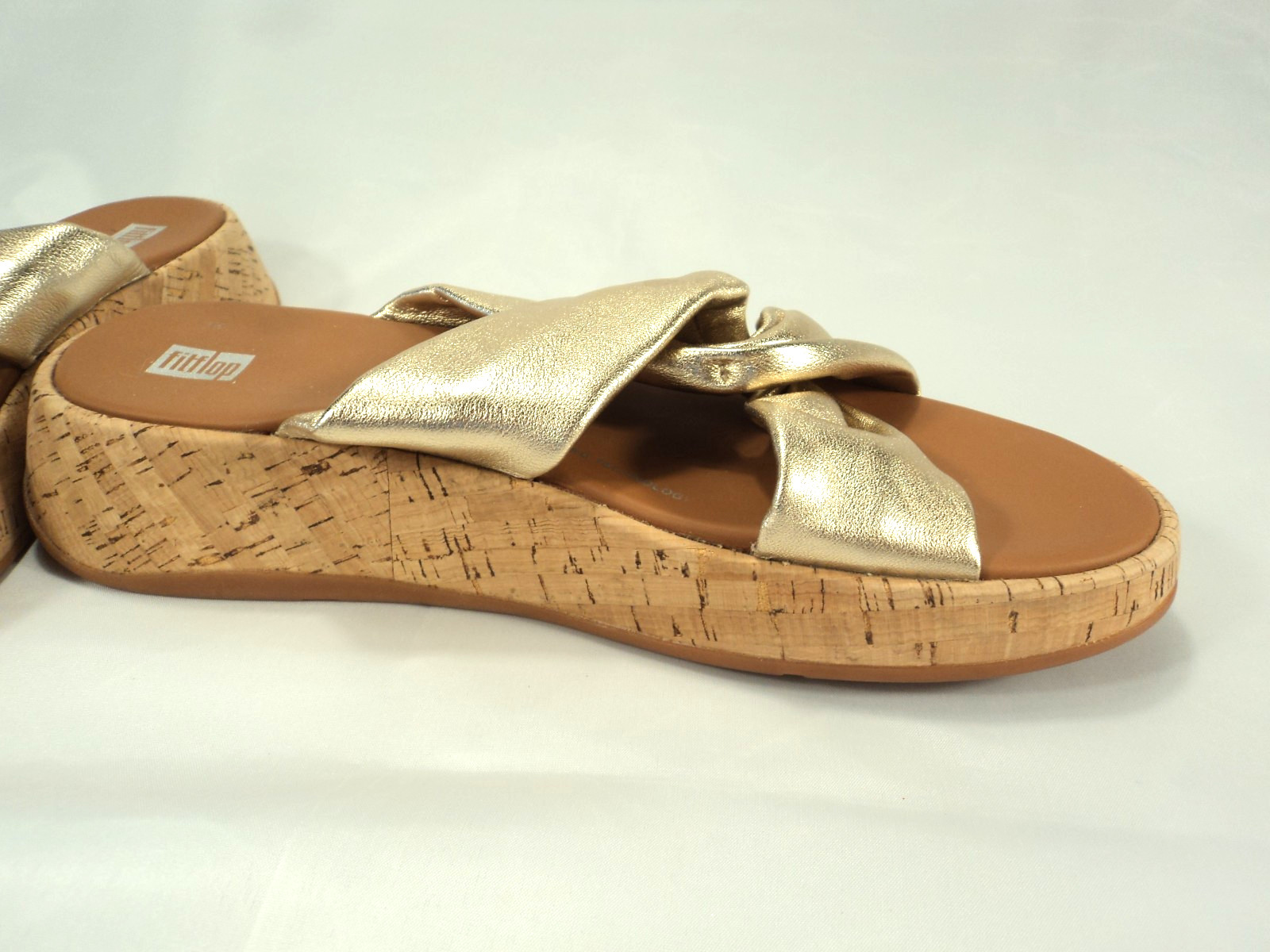 FitFlop F-Mode Leather-Twist Flatform Slides-Cork Wrap in Gold Sz 10 NWOB