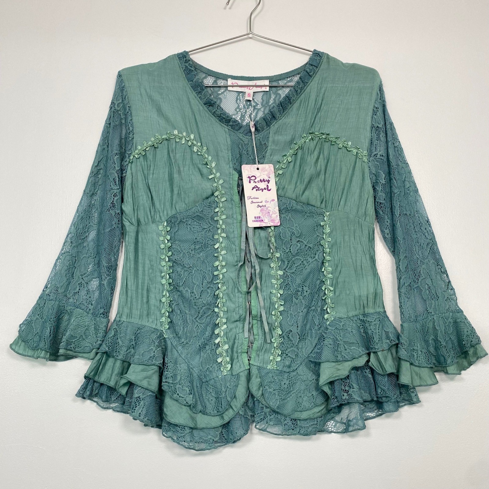 Pretty Angel Womens Top Size S Green Lace Linen Blend Boho Ruffle Tie Front