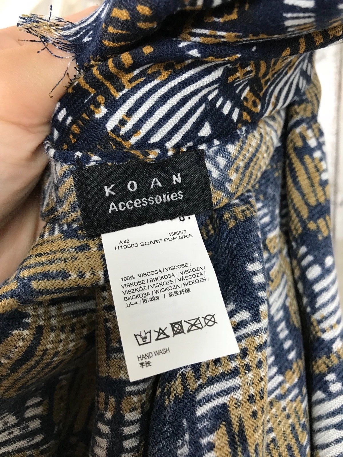 Koan Navy Blue Tan Brown Print Scarf Large Wrap 41×71 NEW