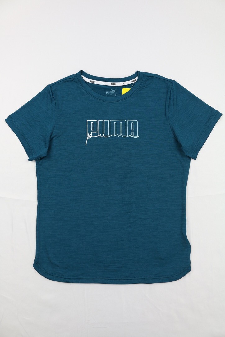PUMA Womens Short Sleeve Logo Tee Lightweight Blue S Spell Out Logo Crew Neck