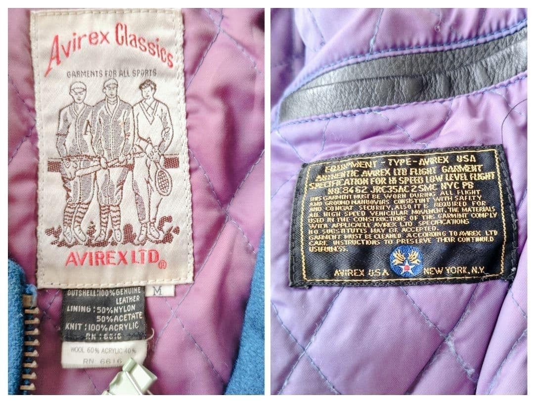 AVIREX Leather Wool Stadium Jacket Blouson Coat Men Size M Blue Black Vintage