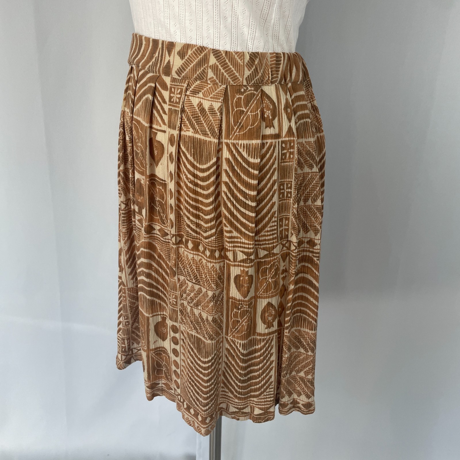 Vintage A Line Mini Skirt Small Brown Tan Tribal Boho Lagenlook Pleated Skater