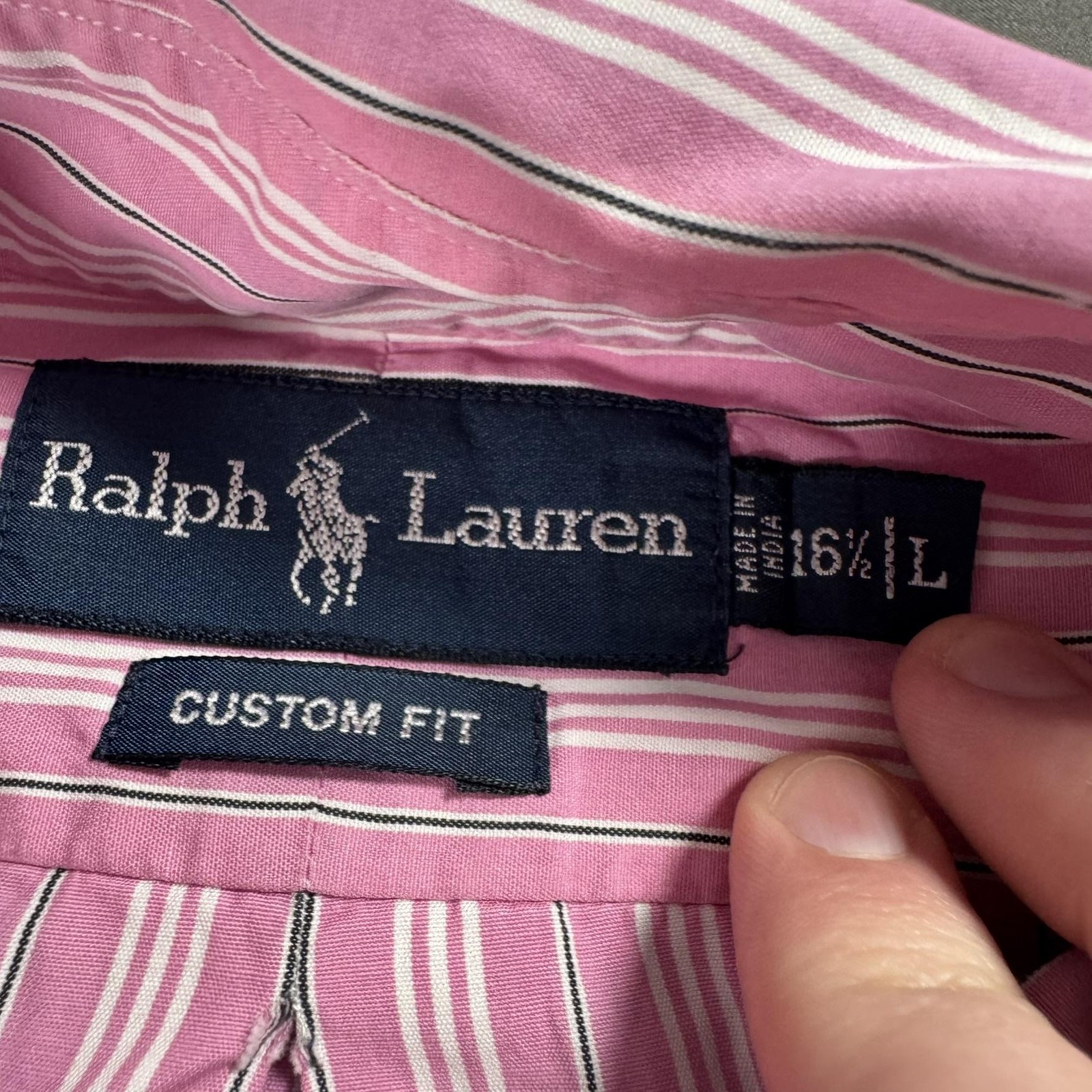 Ralph Lauren Shirt Mens Large Pink Stripe Custom Fit Button Down Long Sleeve