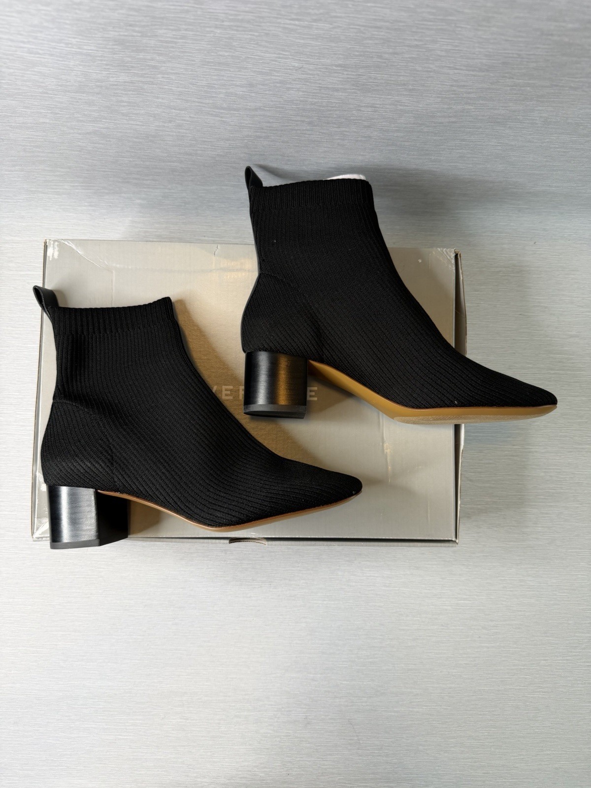 Everlane The Glove Boot Rib Knit Ankle Sock Boots Size 8 Black ReKnit Block Heel