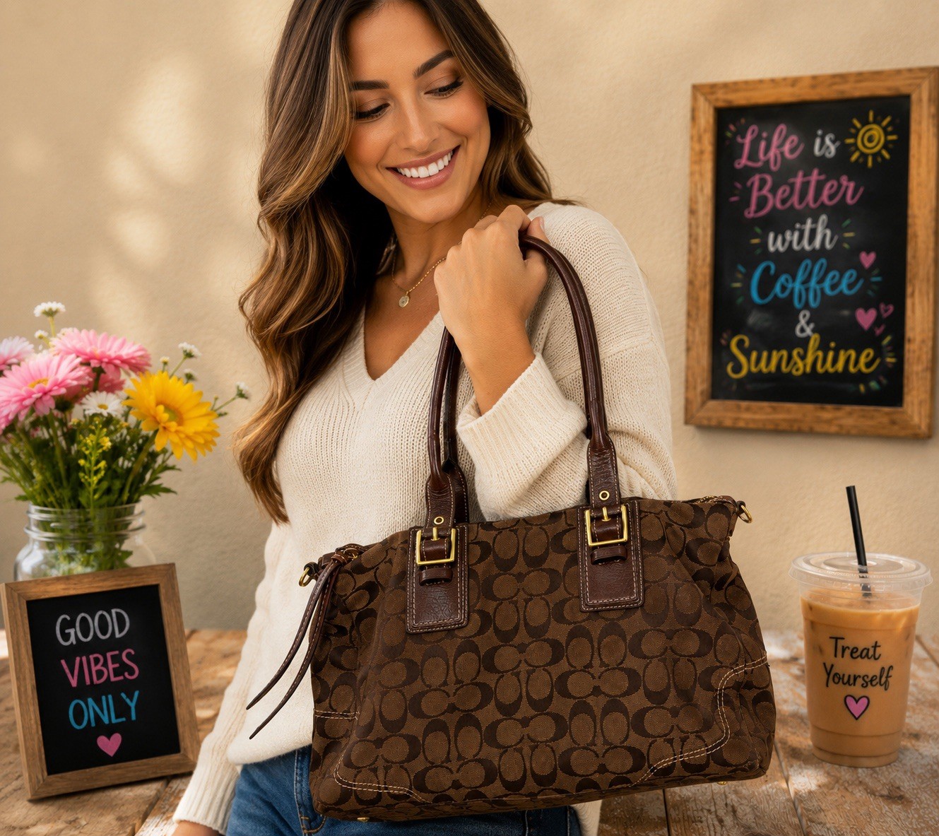 Coach Soho Signature Monogram Brown Satchel Top Handle Zip Pink Lining Bag