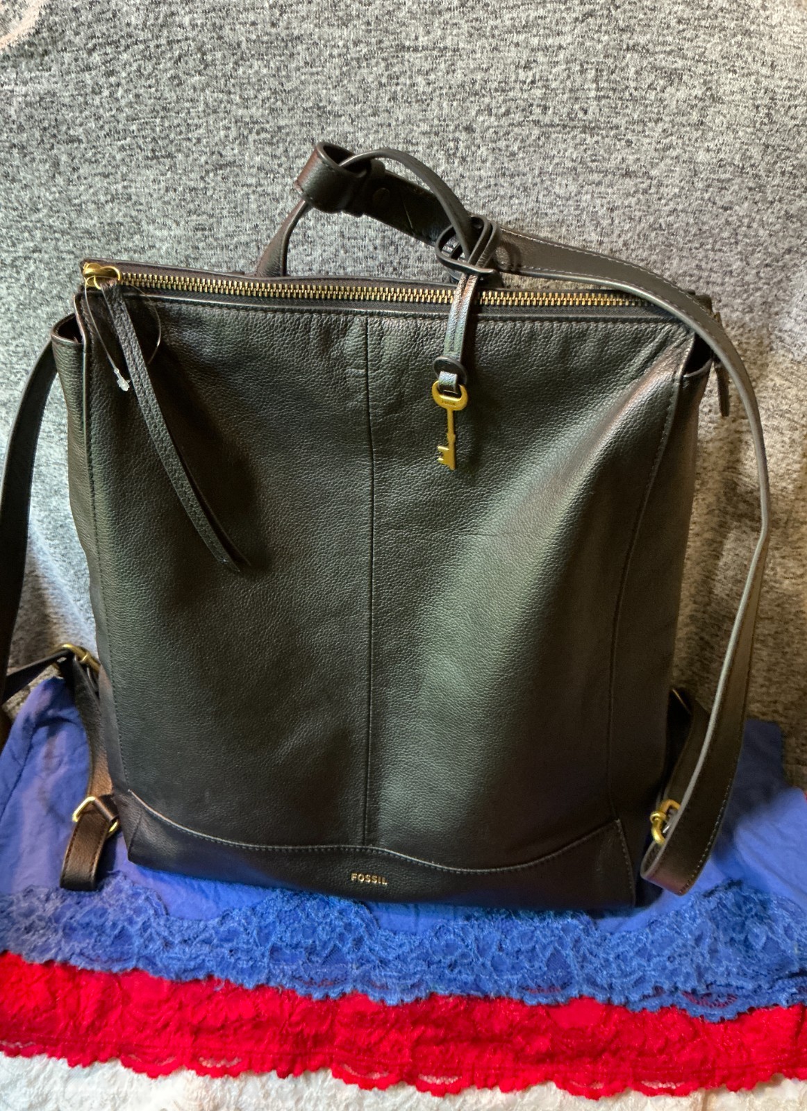 Fossil Elina Black Convertible Crossgrain Leather Zip Shoulder Backpack