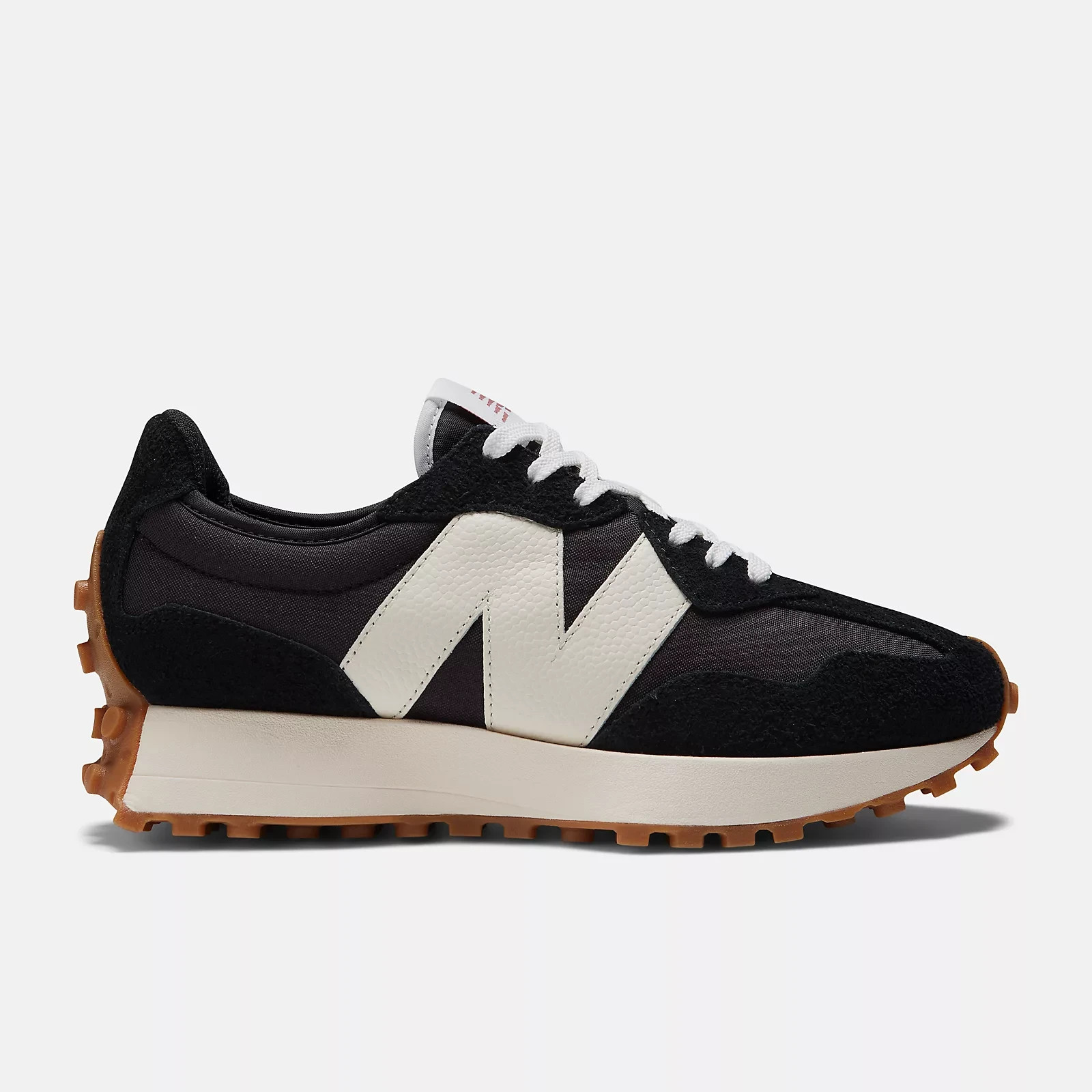 Women’s New Balance 327 BLACK with WHITE and Mineral Red