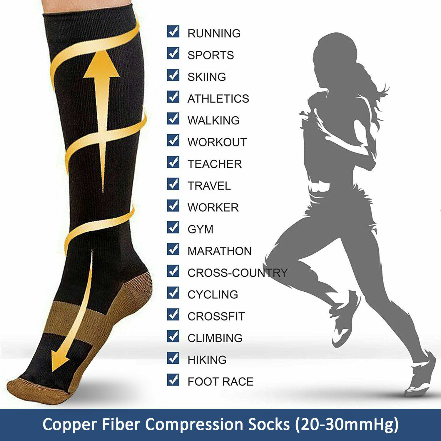 (6 Pairs) Copper Compression Socks 20-30mmHg Graduated Support Mens Womens S-XXL