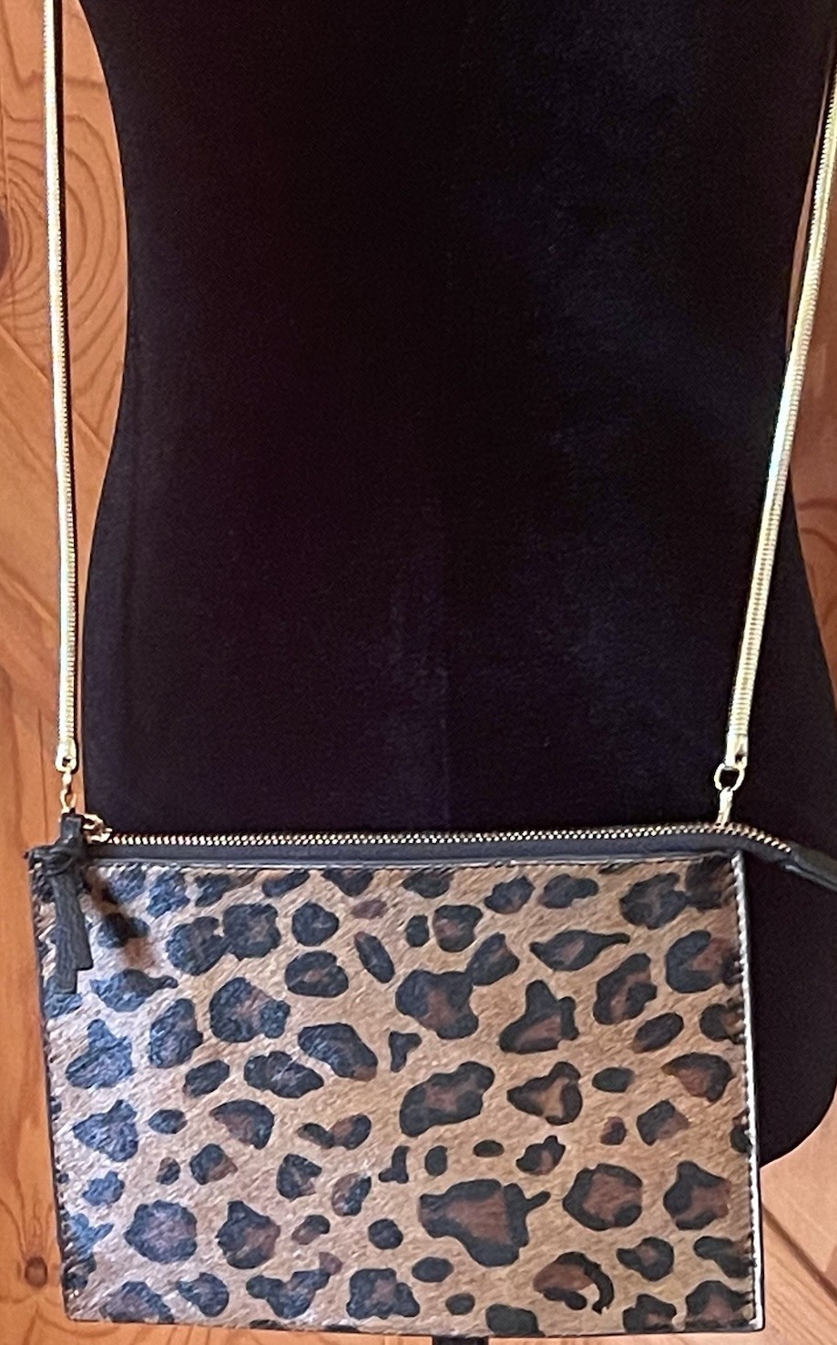 Minimalist Leopard Calf Hair Leather Envelope Crossbody Bag Gold Snake Chain