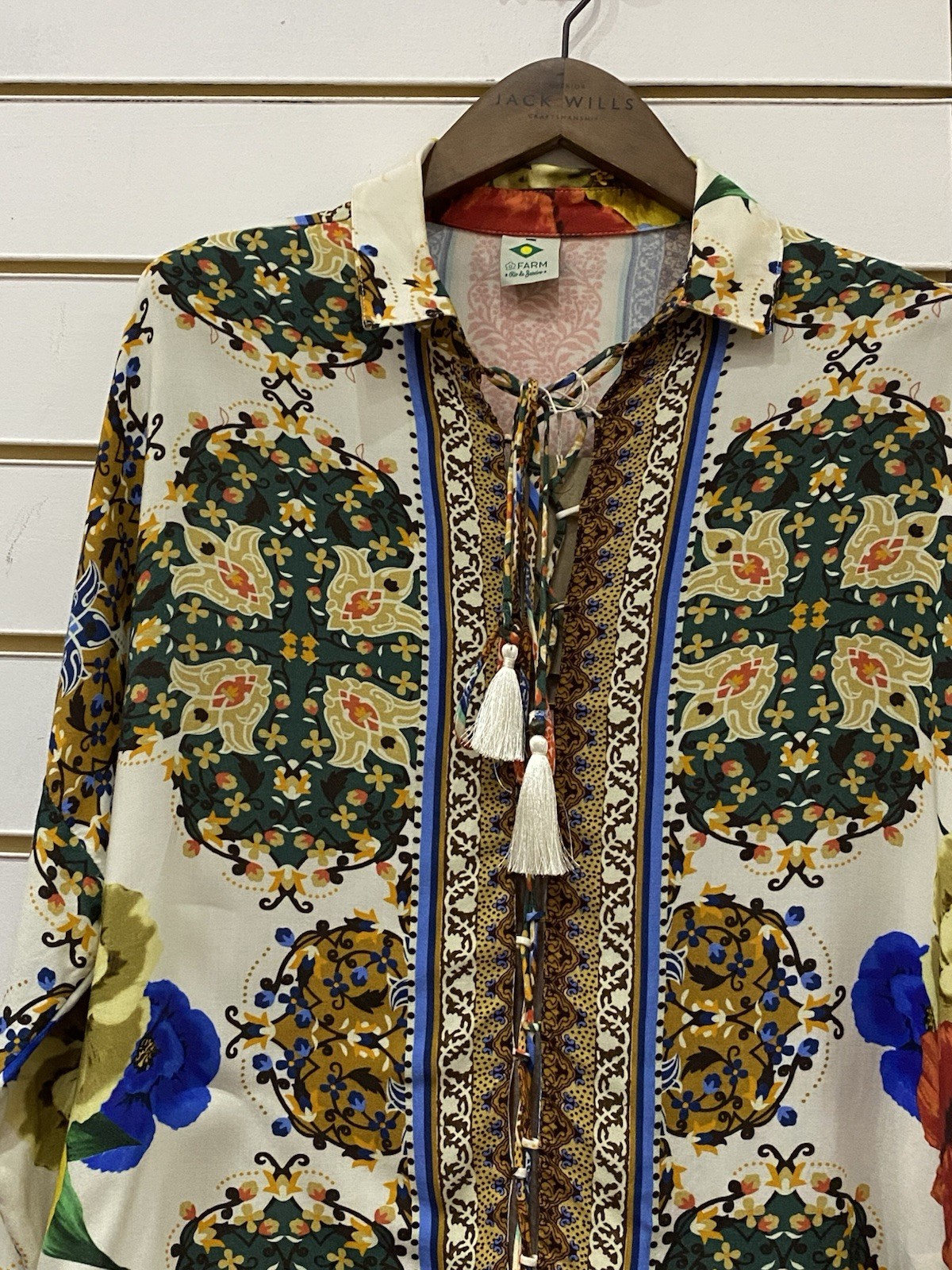 FARM Rio de Janeiro Multicolour Floral Collared Tie Neck Tassel Blouse size M