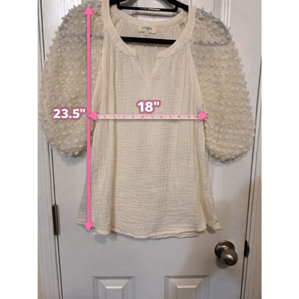 Umgee Cream Textured Puff-Sleeve Blouse Boho Chic Gauze Size Small