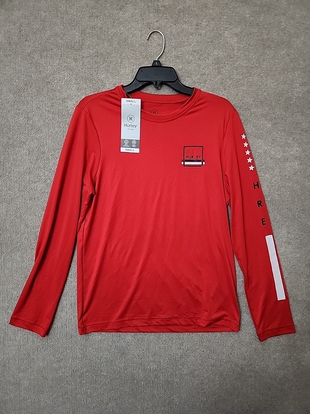 Hurley Long Sleeve Moisture Wicking Graphic Rash Guard Shirt Mens S Red NEW