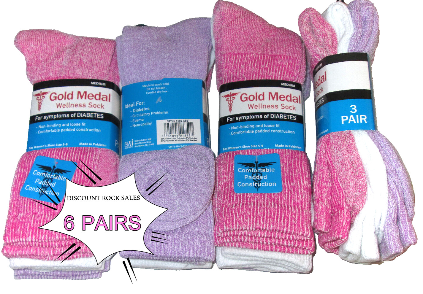 6 Pairs Womens Top Stretch Cotton Blend Diabetic Non Binding Crew Socks