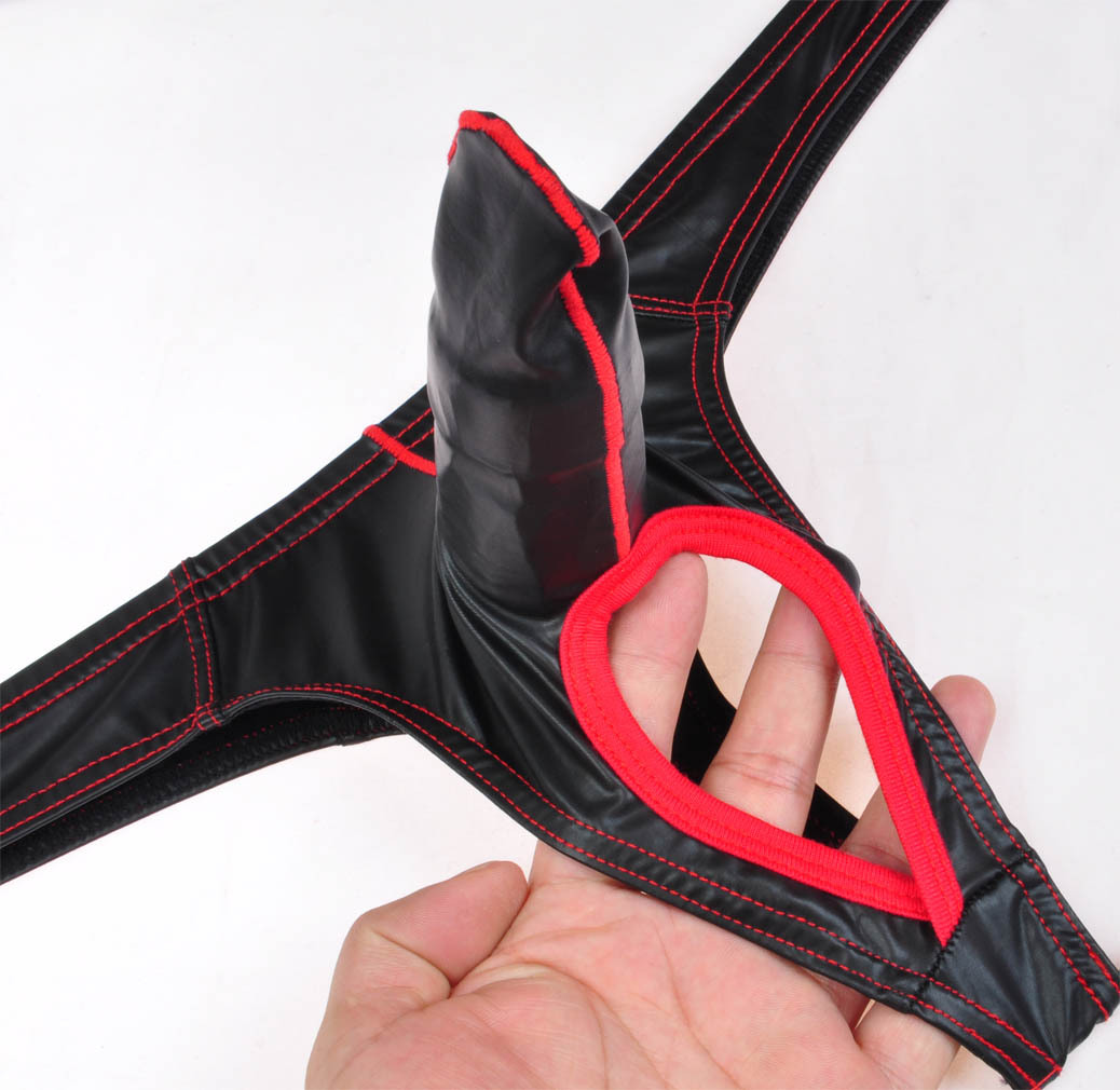 &Red Men Ball Hole Thong Faux Leather Nuts Out Underwear Long Pouch Bikini Tanga