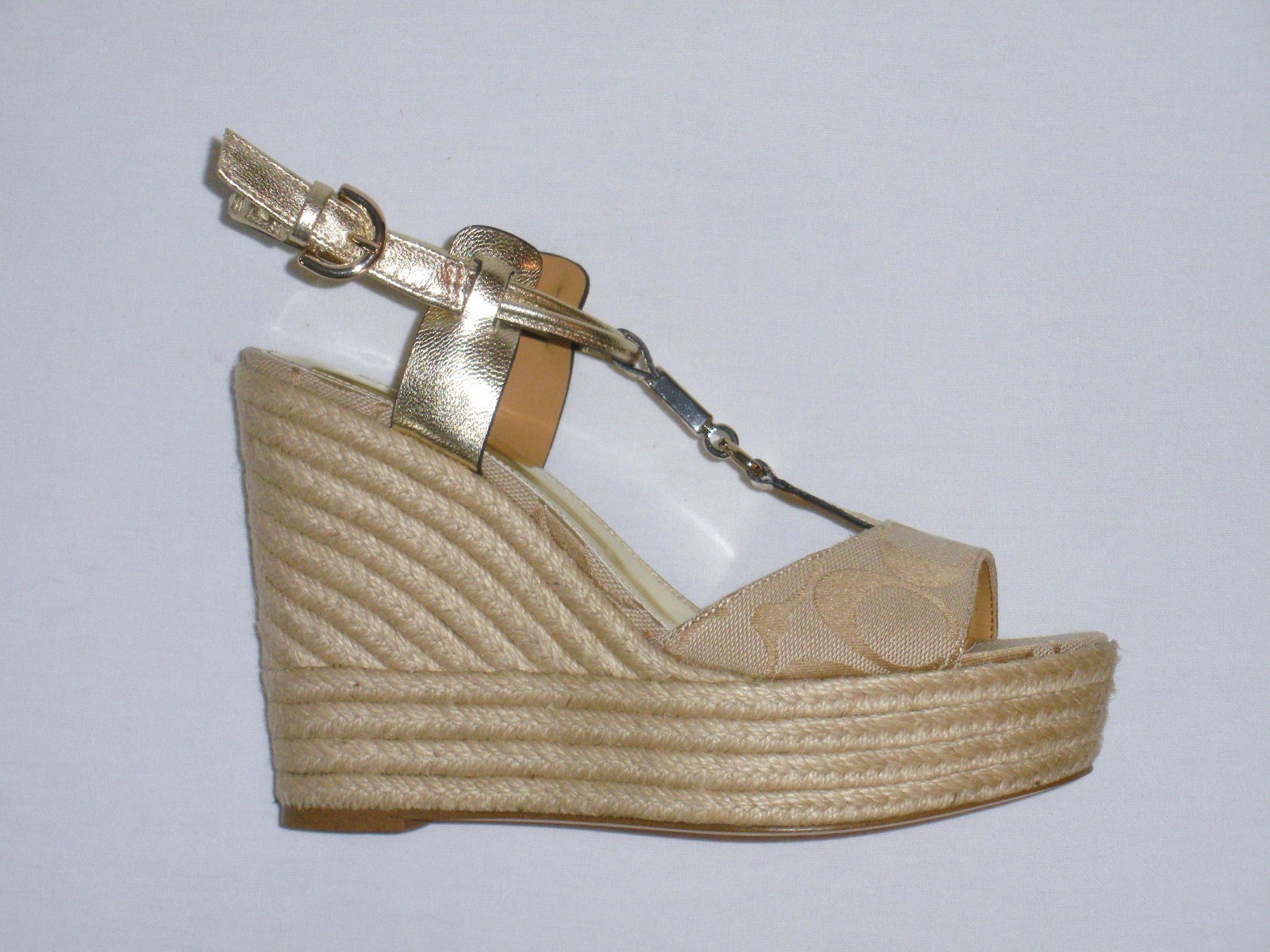 NEW $168 – COACH LEAH Wedge Heels (A6051) Platform Open-Toe, Signature Cs, Beige