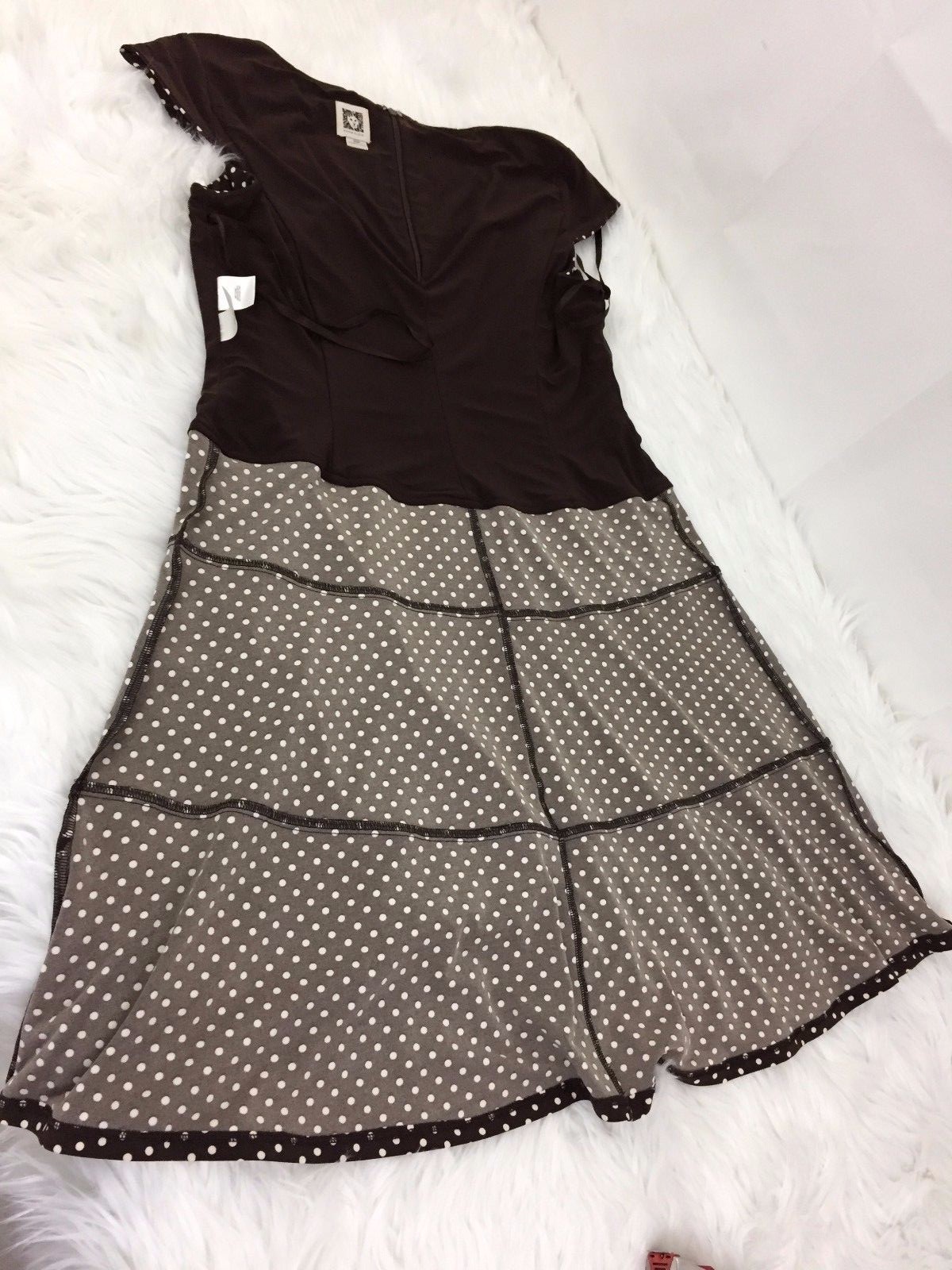 Size 12 Petite Dress Brown White Polka Dot Lined Belt Anne Klein