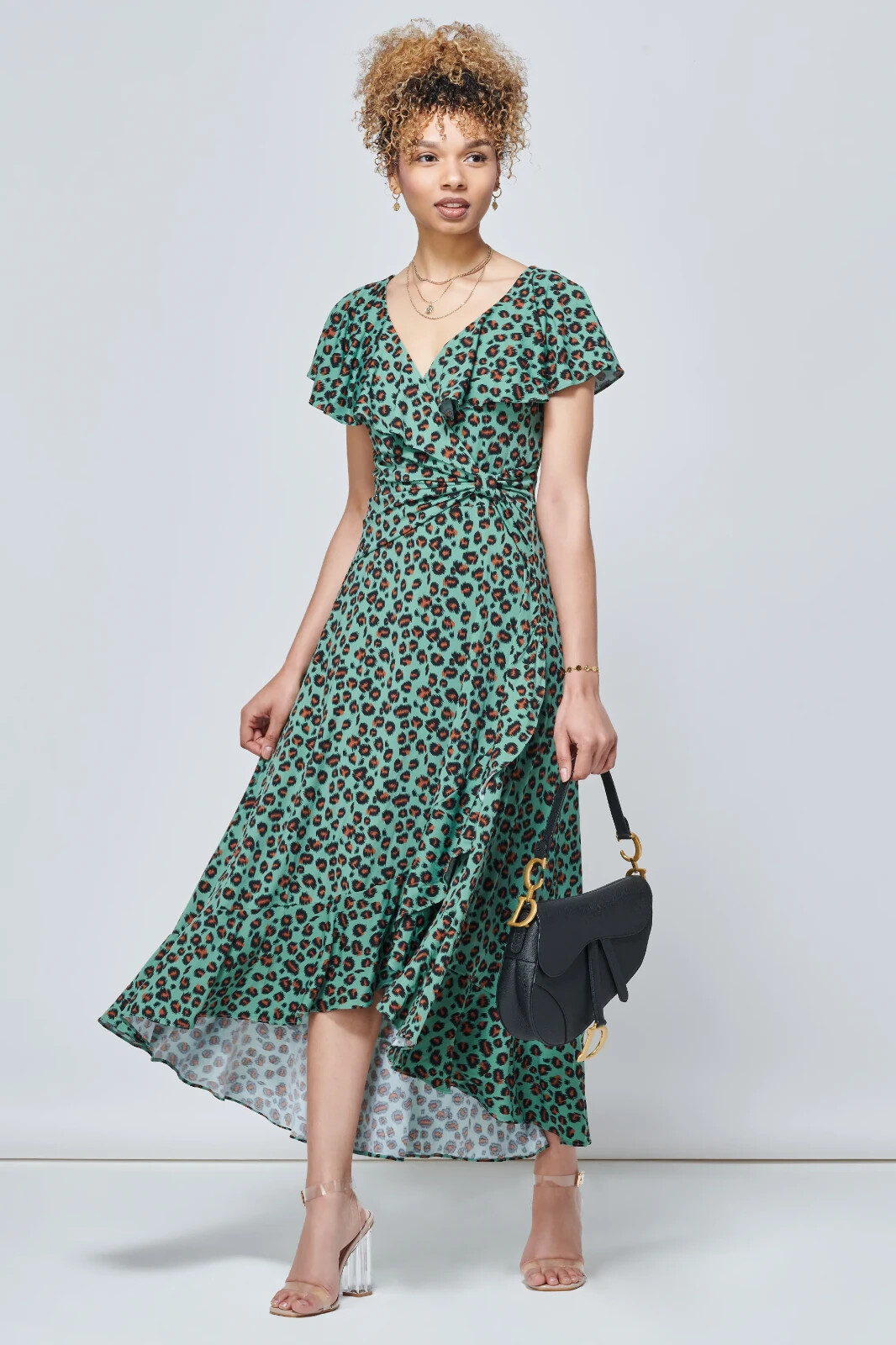 Jolie Moi Luciana Green Leopard Print Dip Hem Midi Dress. Size 18 UK