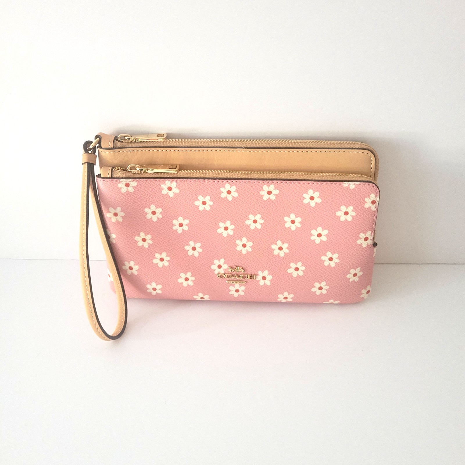 Coach CEY48 Double Zip Wallet Floral Coated Canvas Leather Wristlet Pink Clutch